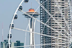 USA, WA, Seattle. Dramatic downtown waterfront includes iconic Space Needle