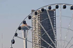 Images Dated 13th September 2012: USA, WA, Seattle. Dramatic downtown waterfront includes iconic Space Needle