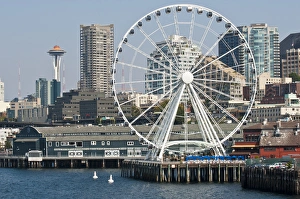 Images Dated 13th September 2012: USA, WA, Seattle. Dramatic downtown waterfront includes iconic Space Needle and Seattle