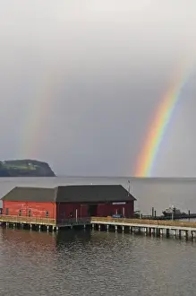 P Ier Prints: USA, WA, Whidbey Island. Vibrant double rainbow in Penn Cove backdrop for Coupeville