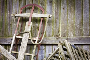 Storage Prints: USA, Washington, Belfair. Old sled in storage