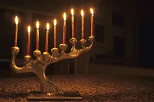 Illuminate Prints: USA, Washington, Bellevue. Menorah with all candles lit for Chanukah