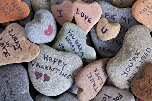 Love Prints: USA, Washington. Close-up of Heart Rock collection with Valentine sayings. Credit as