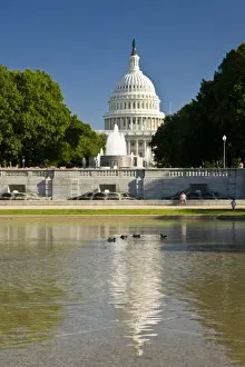 Water Fountain Prints: USA, Washington, D. C. The US Capital Building with the capital fountain and relfecting pool