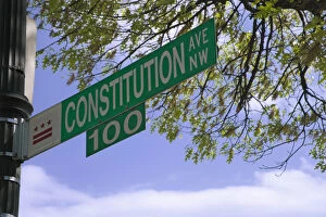 USA, Washington, D.C. Close-up of historic Constitution Ave. street sign. Credit as