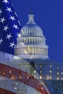 Images Dated 26th April 2007: USA, Washington, DC. Digital composite of American flag superimposed over US Capitol building