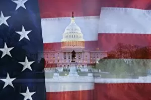 Images Dated 26th April 2007: USA, Washington, DC. Digital composite of American flag superimposed over US Capitol buildings