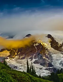 Hike Prints: USA, Washington, Mt. Rainier. Morning sun blankets Mt. Rainier along the Skyline Trail