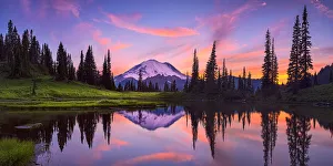 Images Dated 13th August 2016: USA, Washington, Mt. Rainier National Park. Tipsoo Lake panoramic at sunset. Credit as