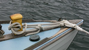 Rope Prints: USA, Washington, Port Townsend. Bow of moored sailboat