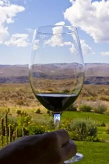 USA, Washington, Quincy. A sample of red wine in a glass overlooking Cave B Inn and Winery grounds