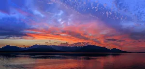 USA, Washington, Seabeck. Sunset panoramic of Hood Canal and Olympic Mountains
