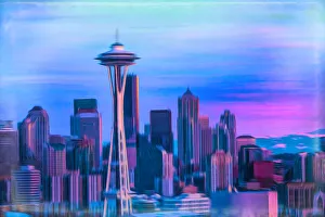 Space Needle Prints: USA, Washington, Seattle. Abstract of downtown