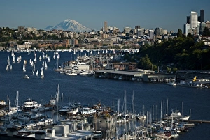 Images Dated 30th June 2009: USA, Washington, Seattle. Cityscape with Lake Union, sailboats and Mt. Rainier