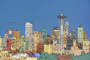 Images Dated 1st September 2003: USA, Washington, Seattle Digital enhancement of Seattle skyline with full moon rising
