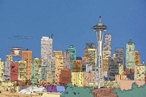 Images Dated 1st September 2003: USA, Washington, Seattle Digital enhancement of Seattle skyline with full moon rising