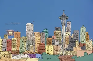 Images Dated 1st September 2003: USA, Washington, Seattle Digital enhancement of Seattle skyline with full moon rising