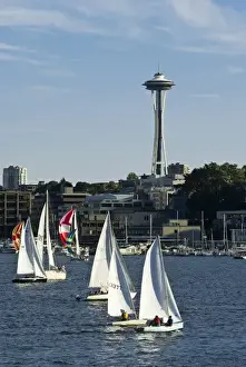 Images Dated 15th July 2008: USA, Washington, Seattle. Duck Dodge sailboat race on Lake Union below the Space Needle