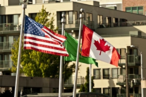 USA, WAshington, Seattle. Flags fly at the the Sail-in parade of the Bell Street