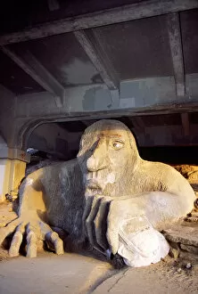 USA, Washington, Seattle. Fremont Troll is 18ft ferroconcrete sculpture Aurora Bridge
