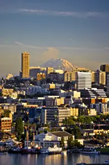 Lake Union Prints: USA, Washington, Seattle. Mt. Rainier looms large over downtown Seattle on Lake Union