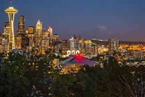 Blue Hour Prints: USA, Washington, Seattle, Night Scene, Mount Rainier