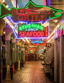 Seattle Prints: USA, Washington, Seattle, Pike Place Public Market. View inside the market after closing