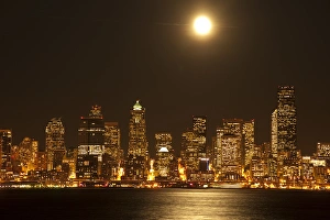 Moonrise Prints: USA, Washington, Seattle skyline