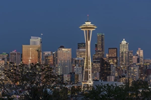 Space Needle Prints: USA, Washington. Seattle skyline at dusk