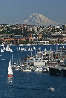 Images Dated 6th July 2010: USA, Washington, Seattle. Summer cityscape features Lake Union, sailboats and Mt