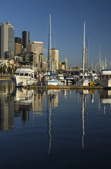 Images Dated 19th September 2012: USA, Washington, Seattle. Waterfront and skyline viewed over boats in the Pier 66
