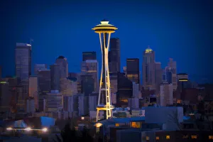 Images Dated 9th June 2020: USA, Washington State. Abstract of downtown and Space Needle