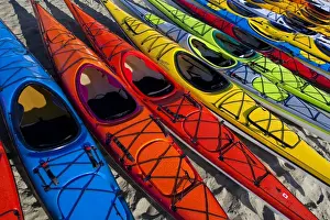 USA, Washington State. Array of kayaks at West Coast Sea Kayak Symposium, Port Townsend