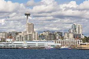 Elliott Bay Prints: USA, Washington State. Bright day Seattle waterfront. Victoria Clipper ferry terminal