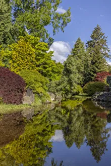 USA, Washington State, Brinnon. Whitney Garden and Nursery landscape reflects in pond