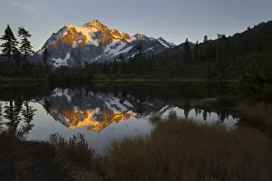 Prints of USA, Washington State. Glaciated Mt. Shuksan reflected in Picture Lake, Mt. Baker-Snoqualmie National Forest Images Dated 2020 March: USA, Washington State. Glaciated Mt. Shuksan reflected in Picture Lake, Mt