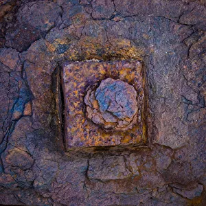 Rusted Prints: USA, Washington State, Hansville. Rusted bolt head close-up