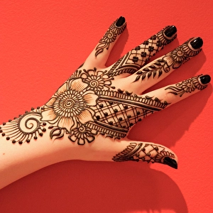 Tattoo Prints: USA, Washington State. Indian Mehendi celebration. Henna application and rituals
