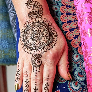 Tattoo Prints: USA, Washington State. Indian Mehendi celebration. Henna application and rituals