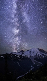 White River Prints: USA. Washington State. The Milky Way looms above Mt. Rainier and the White River at Mt