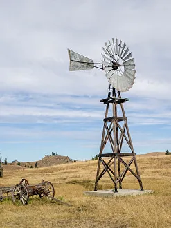 Windmill Prints: USA, Washington State, Molson, Okanogan County. Windmill in the ghost town