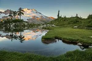 Backpacking Prints: USA, Washington State. Mt. Baker reflecting in a tarn on Park Butte