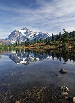 Snowcapped Prints: USA, Washington State, North Cascades, View of Mt. Shuksan with picture lake at Mount