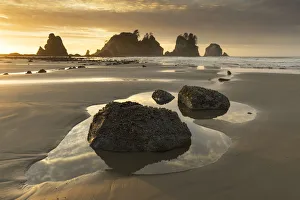 USA, Washington State, Olympic National Park. Sunrise on coast beach and rocks. Credit as