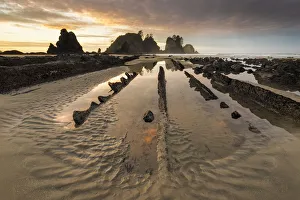 USA, Washington State, Olympic National Park. Sunrise on coast beach and rocks. Credit as