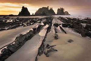 USA, Washington State, Olympic National Park. Sunrise on coast beach and rocks. Credit as