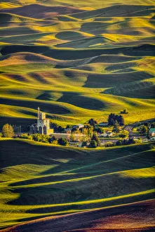 Images Dated 29th August 2019: USA, Washington State, Palouse. Steptoe Village and farmland at sunset