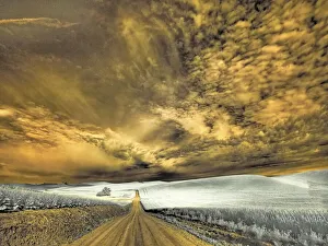 USA, Washington State, Palouse. Backcountry road through wheat field and clouds
