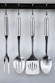 USA, Washington State, Port Townsend. Kitchen tools in Steward Cottage. Credit as