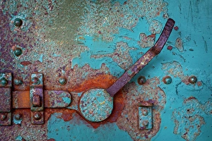 USA, Washington State, Port Townsend, Fort Worden State Park. Close-up of corroded metal door latch of old gun battery. &copy;Don Paulson / Jaynes Gallery / DanitaDelimont.com